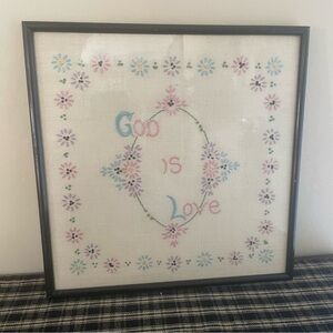 Vintage God Is Love Needlepoint Framed Art Pastel Floral Grandmacore Cottagecore